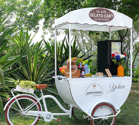 Materiales de maíz Exteriores 3 ruedas Café quiosco Carrito de bicicletas para servicio de alimentos Zumo helado