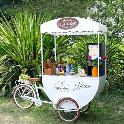 Materiales de maíz Exteriores 3 ruedas Café quiosco Carrito de bicicletas para servicio de alimentos Zumo helado