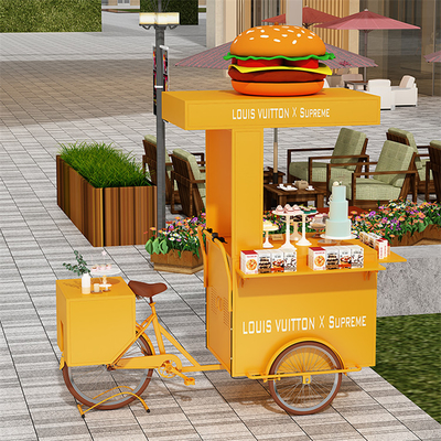 Triciclo de exhibición de pasteles de comida perfecto para venta de alimentos personalizados y entrega de helados