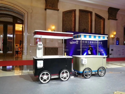 Carro de helados de mano de empuje móvil con cartón de helados con escaparate