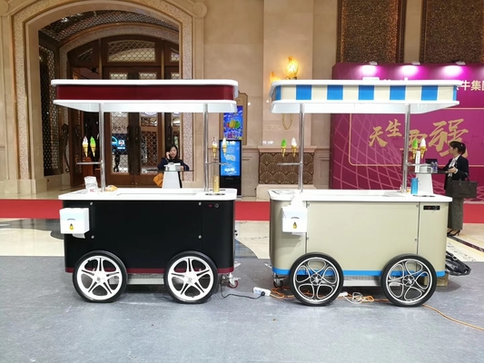 Carro de helados de mano de empuje móvil con cartón de helados con escaparate