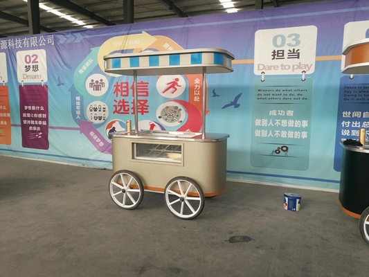 Carro de helados de mano de empuje móvil con cartón de helados con escaparate