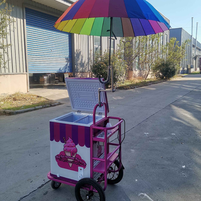 Venta de helados móviles Carro de empuje con vendedor de sombrillas de congelador