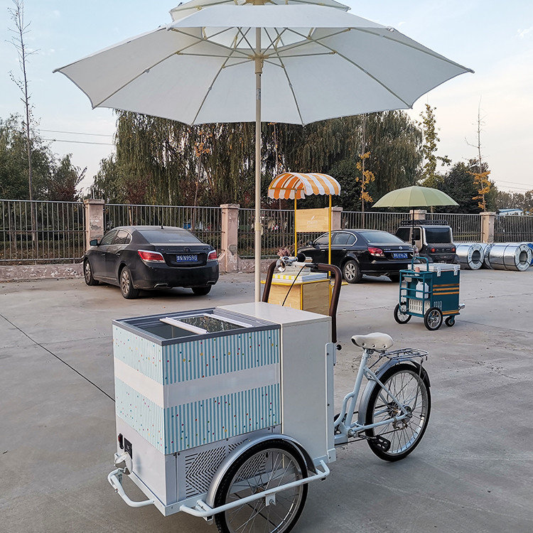 220V/380V Multifunccional para exteriores Carrito de bicicletas de helados Perrito caliente Bicicleta de comida 80kg Capacidad