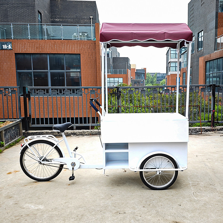 Triciclo de comida rápida móvil al aire libre con congelador de bebidas frías y soporte técnico de video
