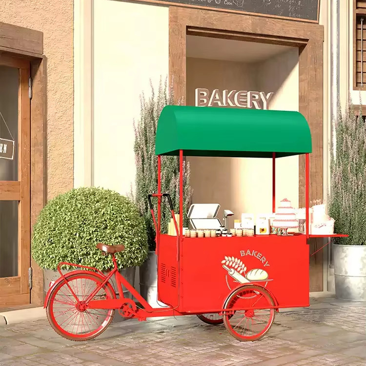 Triciclo de exhibición de pasteles de comida perfecto para venta de alimentos personalizados y entrega de helados